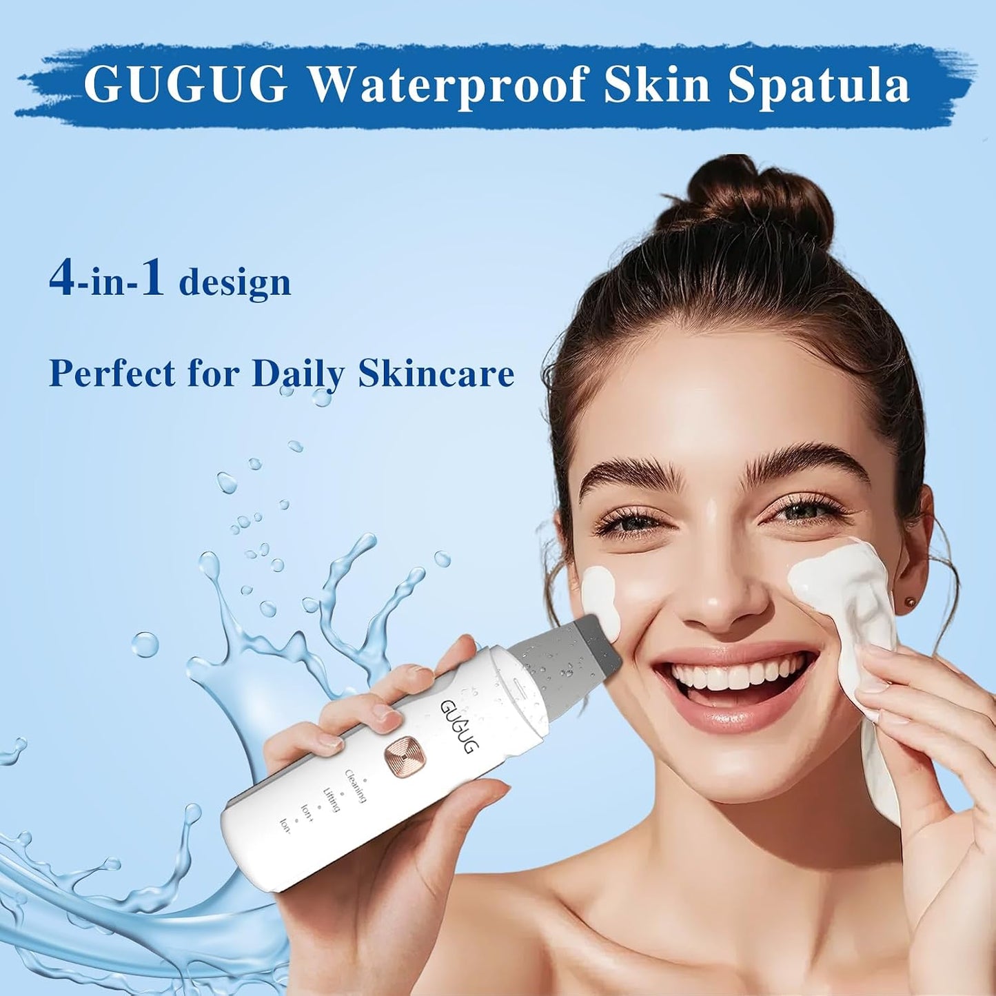 Waterproof Skin Scrubber 4-In-1 Facial Spatula Pore Cleaner for Face | Blackhead Remover with 4 Modes,Rounded Stainless Steel Head,10-Minute Auto-Off,Type-C Charging and 2 Silicone Attachments.