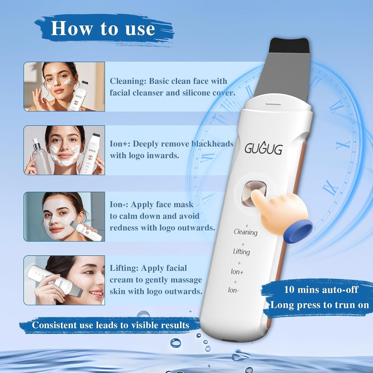 Waterproof Skin Scrubber 4-In-1 Facial Spatula Pore Cleaner for Face | Blackhead Remover with 4 Modes,Rounded Stainless Steel Head,10-Minute Auto-Off,Type-C Charging and 2 Silicone Attachments.