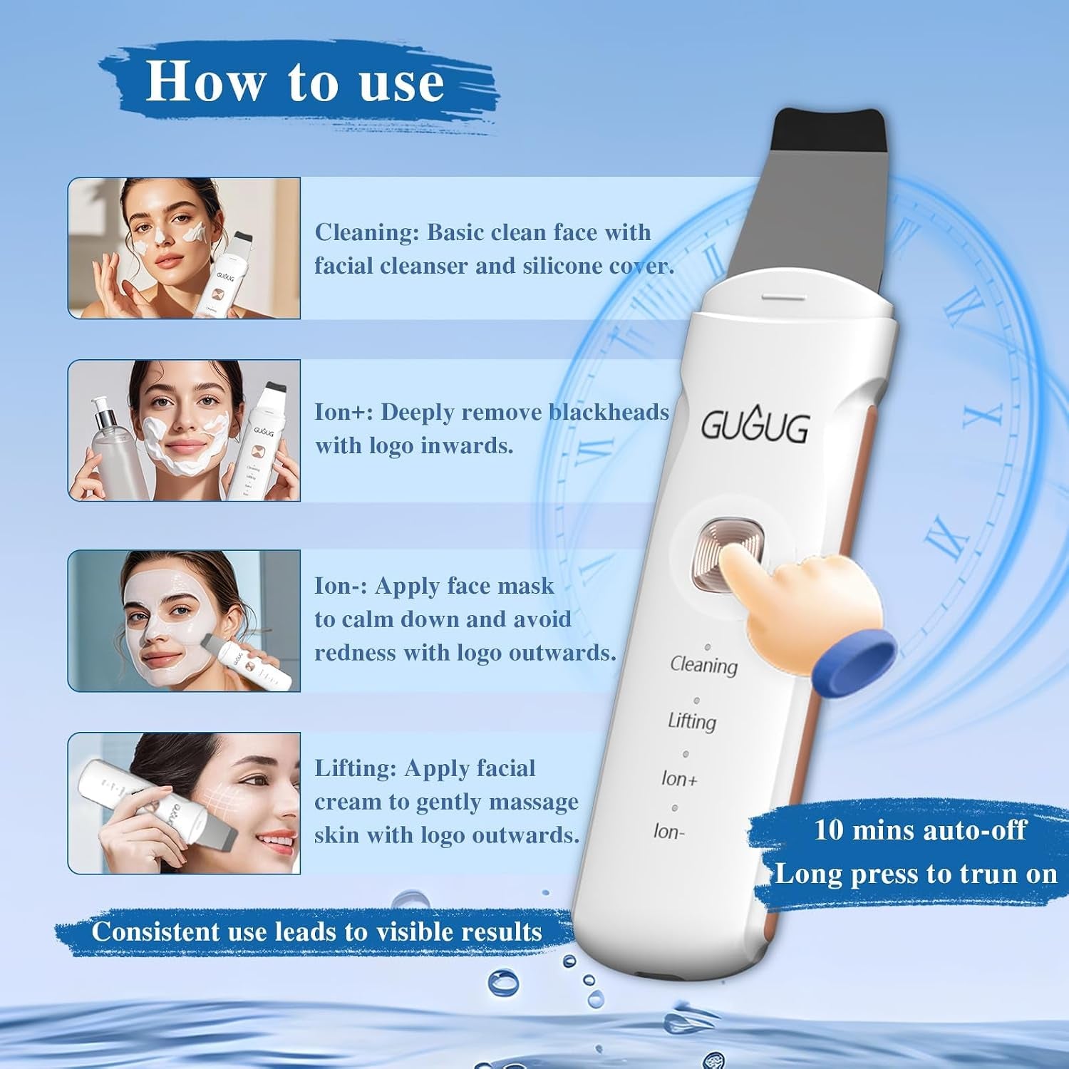 Waterproof Skin Scrubber 4-In-1 Facial Spatula Pore Cleaner for Face | Blackhead Remover with 4 Modes,Rounded Stainless Steel Head,10-Minute Auto-Off,Type-C Charging and 2 Silicone Attachments.