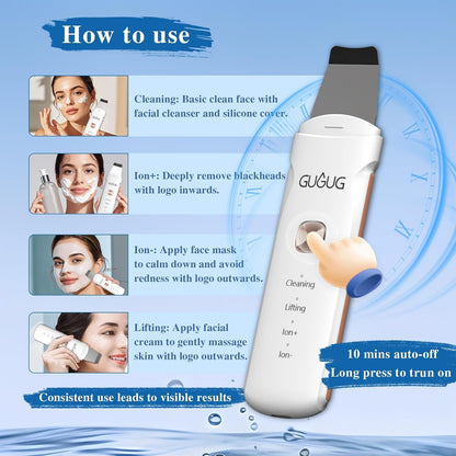Waterproof Skin Scrubber 4-In-1 Facial Spatula Pore Cleaner for Face | Blackhead Remover with 4 Modes,Rounded Stainless Steel Head,10-Minute Auto-Off,Type-C Charging and 2 Silicone Attachments.