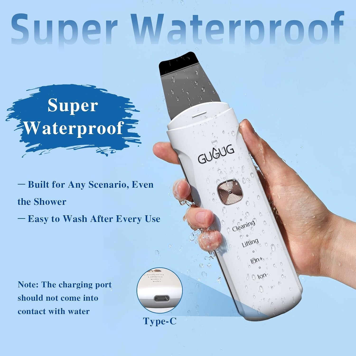 Waterproof Skin Scrubber 4-In-1 Facial Spatula Pore Cleaner for Face | Blackhead Remover with 4 Modes,Rounded Stainless Steel Head,10-Minute Auto-Off,Type-C Charging and 2 Silicone Attachments.